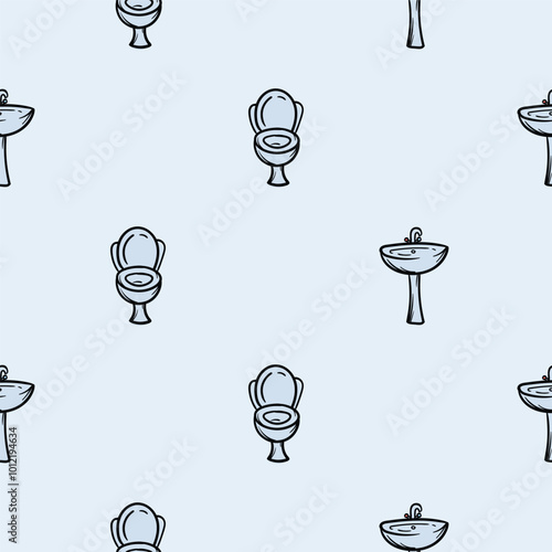 Simple seamless pattern with sink and toilet. Vector background for design in the service sector, dry cleaning, cleaning company. Set of icons, signs and symbols related to hygiene, cleanliness