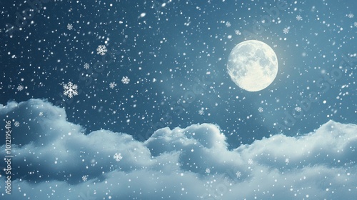 A cloudy sky with falling snow and rain, illuminated by a bright moon. A snowflake icon is included.