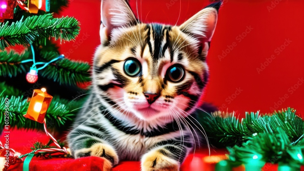 Christmas cat. Portrait striped kitten playing with Christmas lights garland on festive red background. Kitty looking at camera Christmas cat. Portrait striped kitten playing with Christmas lights garland on festive red background. Kitty looking at camera