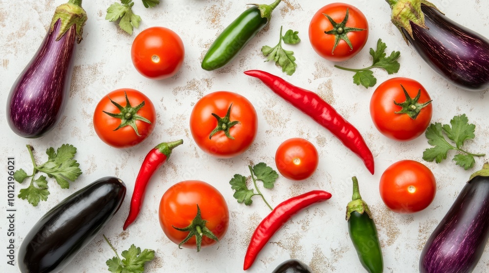 Bright red tomatoes of different sizes, purple eggplants, and green chilies are spread out on a white surface. Bright red tomatoes of different sizes, purple eggplants, and green chilies are spread out on a white surface.