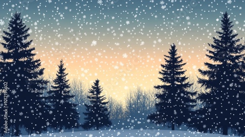 A snowy winter scene with a forest of tall pine trees. The silhouette of the trees stands out against the winter sky.