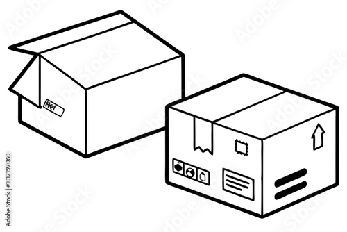  Carton delivery packaging open and closed boxes with fragile signs. Cardboard box mockup line art vector illustration  photo