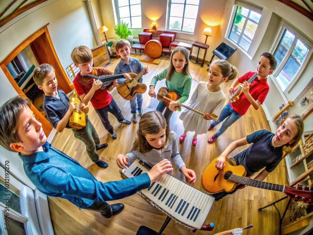 Fototapeta premium Engaging Music Lesson with Instruments, Notation, and Learning Materials for Students and Teachers