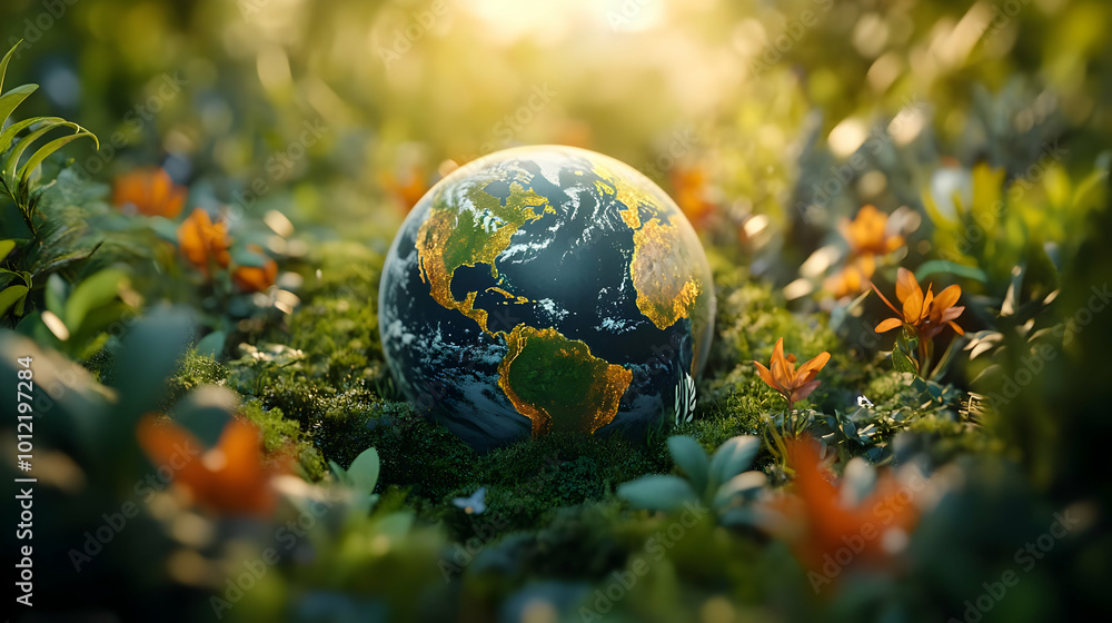 3D Globe in Green Foliage Illustration 3D Globe in Green Foliage Illustration