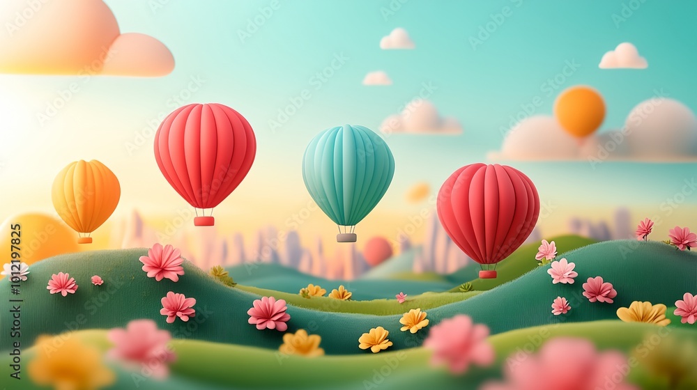 A colorful scene of three hot air balloons flying over a field of flowers A colorful scene of three hot air balloons flying over a field of flowers