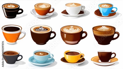 Set with different types of coffee cup, cappuccino, black coffee, Choco latte, hot chocolate. Various types of coffee drinks collection set isolated on white background