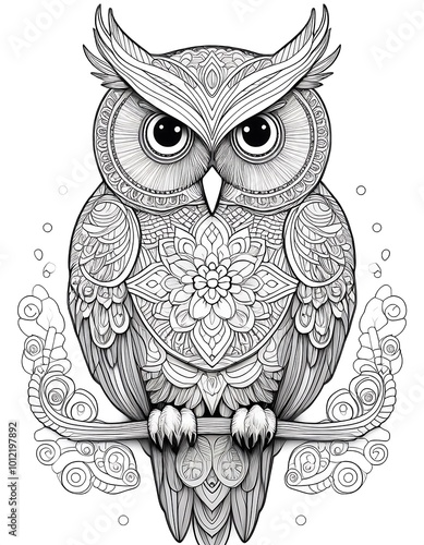 Stylized owl mandala design with intricate patterns for printable coloring therapy. Generative AI photo