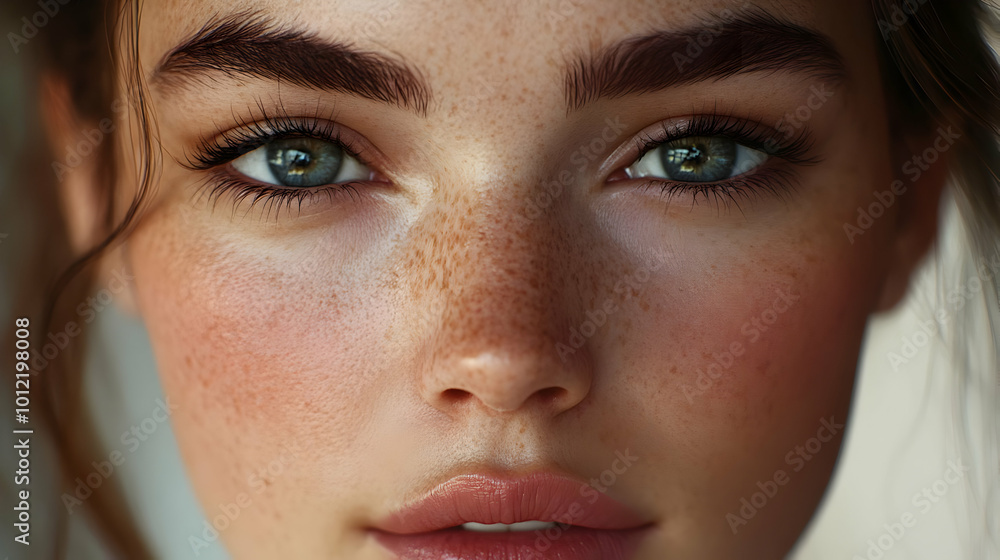 Close Up Portrait Illustration of Woman's Face with Freckles and Blue Eyes Close Up Portrait Illustration of Woman's Face with Freckles and Blue Eyes