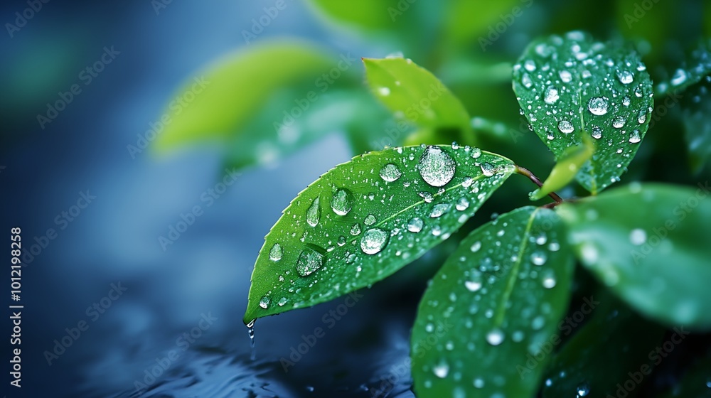 a green leaf with water droplets a green leaf with water droplets