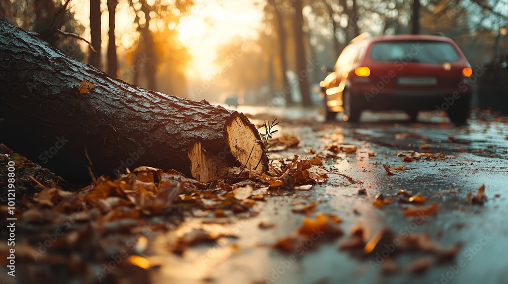 A car is parked on a road next to a tree that has fallen A car is parked on a road next to a tree that has fallen