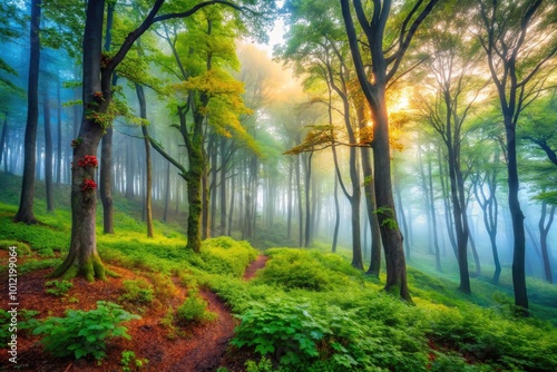 Enigmatic Hoia Baciu Forest with Mystical Fog and Lush Greenery Capturing Nature's Intrigue photo