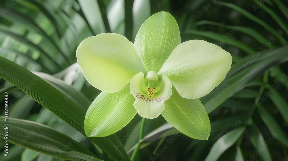 Obraz premium Tropical Elegance: Detailed Macro Shot of Exotic Green Orchid with Elongated Petals Against Lush Foliage Background