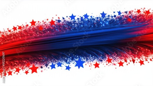 A dynamic swoosh of red and blue stars creates a sense of motion, perfect for themes of American celebration and patriotism