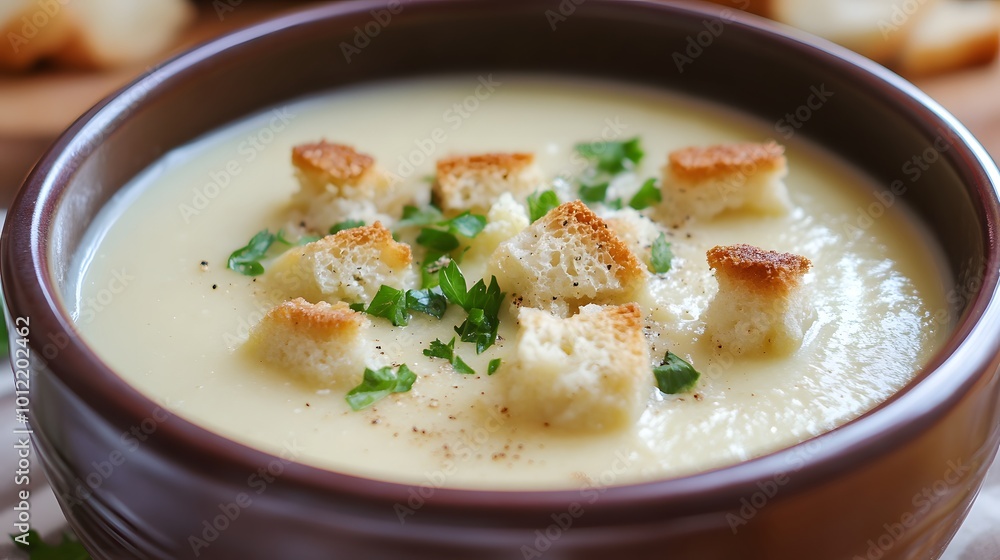 A bowl of creamy cauliflower soup with chives and croutons, A bowl of creamy cauliflower soup with chives and croutons,