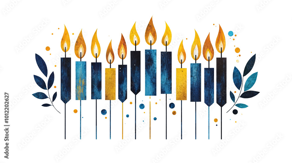 Colorful Hanukkah menorah illustration with burning candles, isolated PNG on transparent background