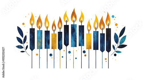 Obraz na płótnie Colorful Hanukkah menorah illustration with burning candles, isolated PNG on transparent background w salonie