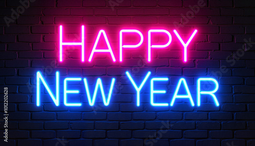 Neon sign saying HAPPY NEW YEAR in pink and blue on a brick wall for festive celebration 