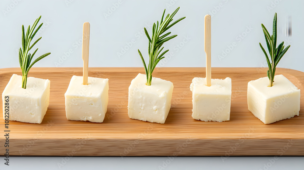 Soft Blue Cheese Pieces with Toothpicks on Wooden Plate | Elegant Cheese Platter for Appetizers and Tastings Soft Blue Cheese Pieces with Toothpicks on Wooden Plate | Elegant Cheese Platter for Appetizers and Tastings