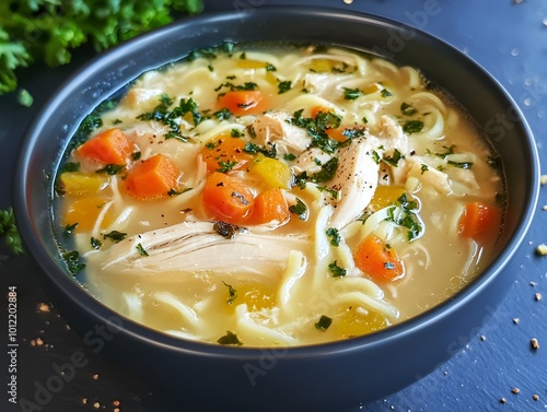 Creamy chicken soup with noodles and vegetables