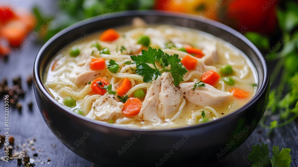 Creamy chicken soup with noodles and vegetables Creamy chicken soup with noodles and vegetables