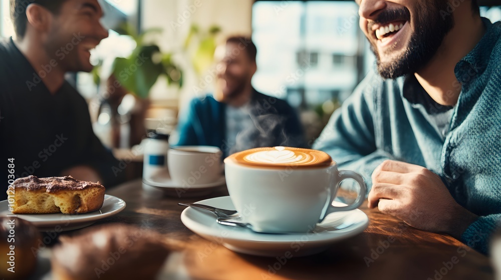 Man Smiling with a Steaming Cup of Coffee at a Cafe Table Man Smiling with a Steaming Cup of Coffee at a Cafe Table