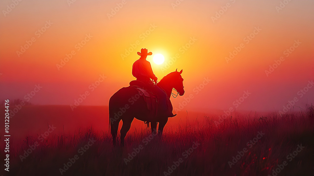 Silhouette of Cowboy on Horseback at Sunset - Illustration Silhouette of Cowboy on Horseback at Sunset - Illustration