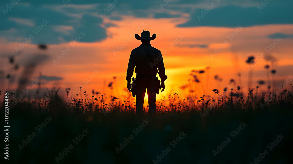 Silhouette of a Cowboy at Sunset in a Field Illustration Silhouette of a Cowboy at Sunset in a Field Illustration
