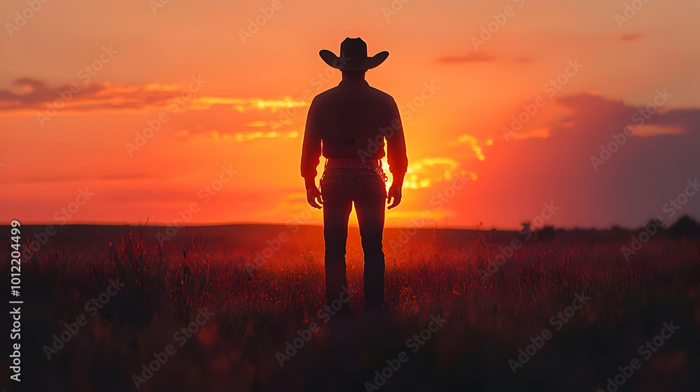 Silhouette of a Cowboy in a Field at Sunset Silhouette of a Cowboy in a Field at Sunset