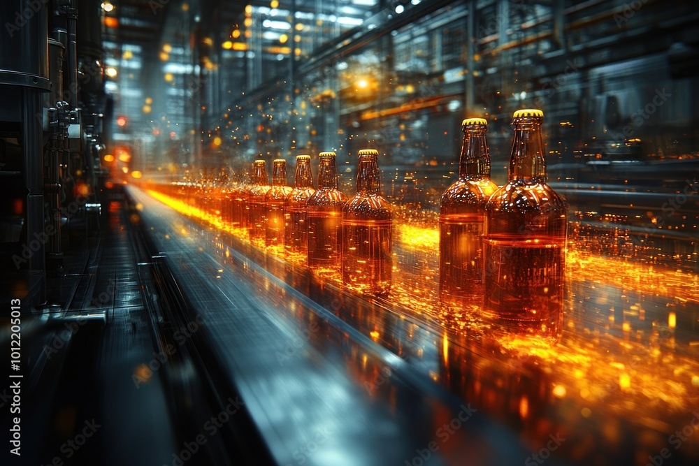 Bottles of beer move along a conveyor belt in a production line.