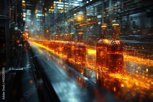 Bottles of beer move along a conveyor belt in a production line.