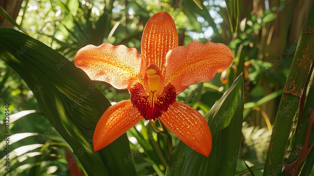 Enchanting Macro Shot of Vibrant Orange Orchid with Burgundy Markings in Lush Garden Setting Enchanting Macro Shot of Vibrant Orange Orchid with Burgundy Markings in Lush Garden Setting
