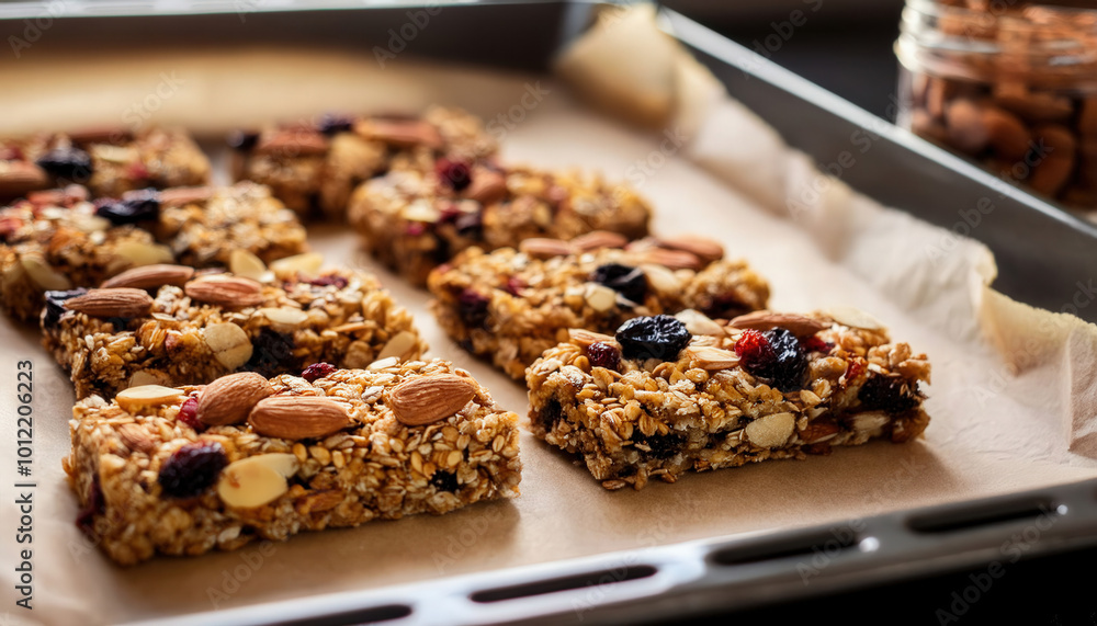 Handmade granola bars packed with almonds, seeds, and dried berries, arranged on a baking sheet, showcasing a wholesome and nutritious snack option. Handmade granola bars packed with almonds, seeds, and dried berries, arranged on a baking sheet, showcasing a wholesome and nutritious snack option.