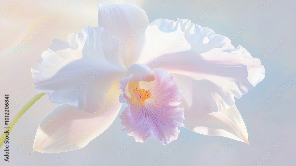 Fototapeta premium Enchanting Close-Up of White Orchid with Purple Veins in Serene Garden Environment - Ultra-Detailed Macro Shot