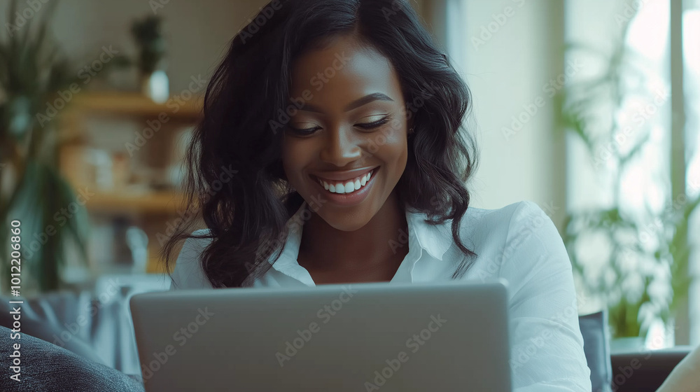 Close-Up of a Smiling Woman in a White Shirt Managing Multiple Tasks on Her Laptop While Working from Home, Highlighting Her Multitasking Abilities Close-Up of a Smiling Woman in a White Shirt Managing Multiple Tasks on Her Laptop While Working from Home, Highlighting Her Multitasking Abilities