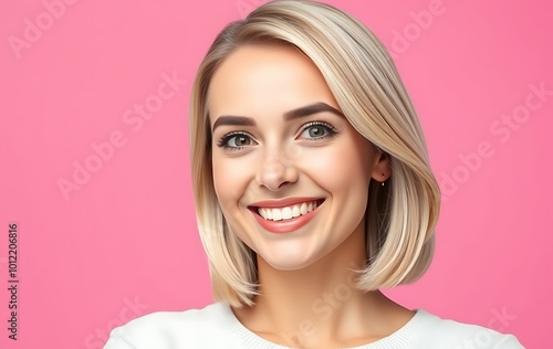 Studio shot of blonde woman with bright smile, showing empty space for your advertisement, isolated on pink background