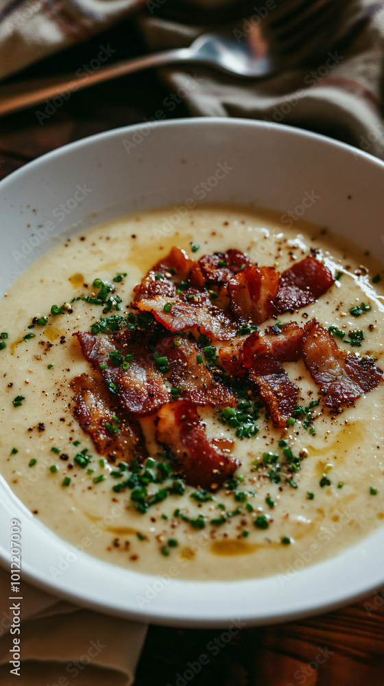 Creamy potato soup topped with crispy bacon and fresh chives: a comforting bowlful Creamy potato soup topped with crispy bacon and fresh chives: a comforting bowlful