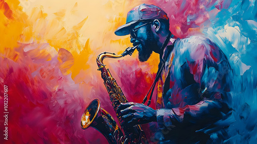 Saxophone Player in Blue and Yellow Abstract Illustration