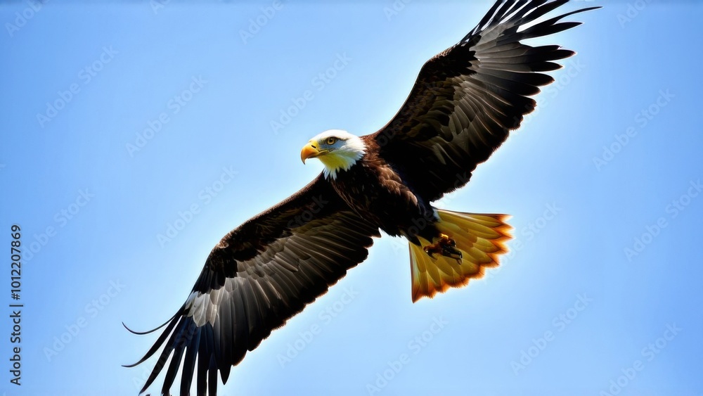 Fototapeta premium A majestic bald eagle soaring majestically through the air, its wide wingspan creating an impressive silhouette against the bright blue sky
