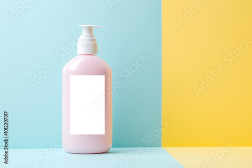 pink bottle of perfume on pastel yellow and blue background with blank white label beauty product