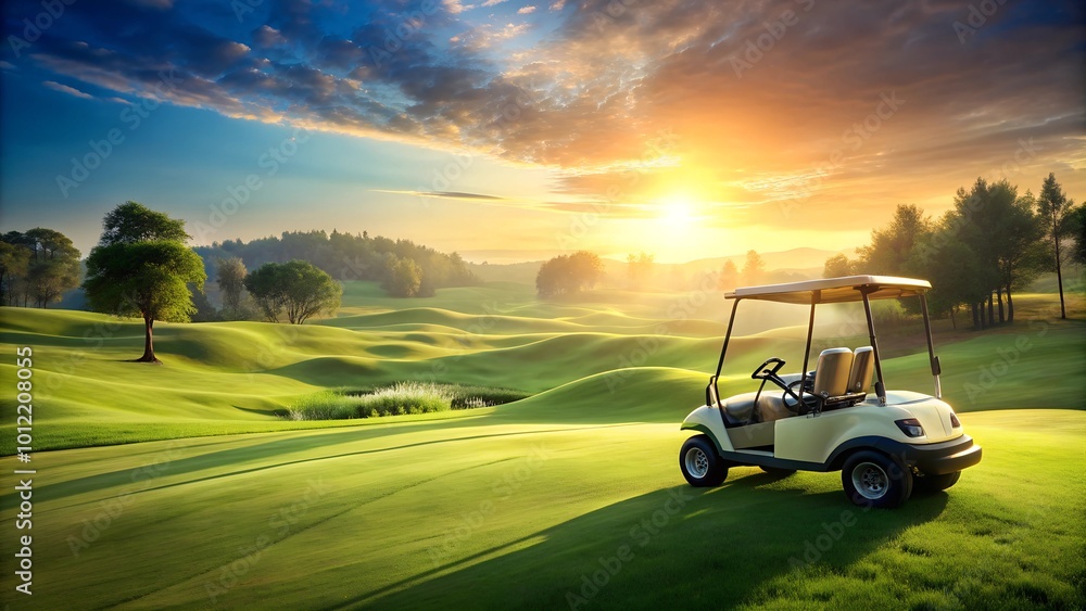 Golf cart on scenic course at sunset with rolling hills Golf cart on scenic course at sunset with rolling hills