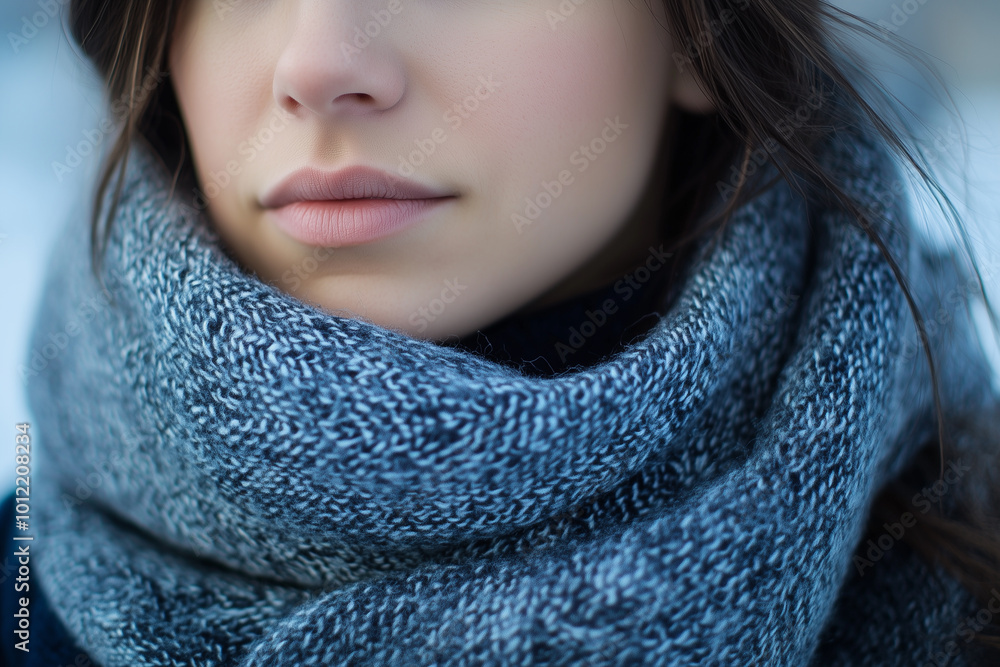 close up shot of woman wearing a blue gray scarf on a cold weather close up shot of woman wearing a blue gray scarf on a cold weather