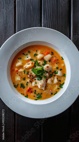 Tantalizing fish soup is presented in a white bowl on a dark wooden table