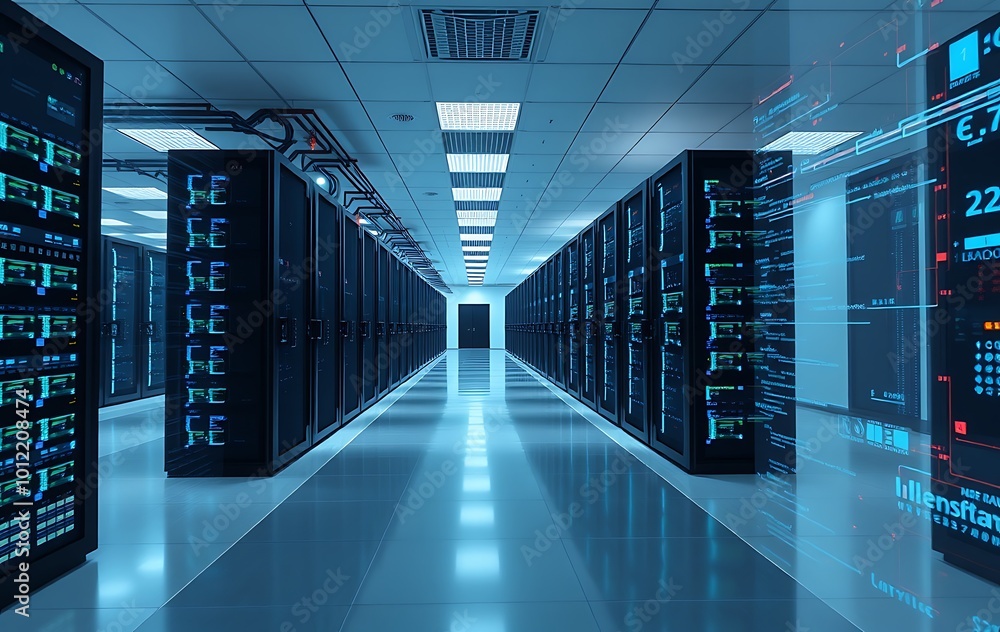 Shot of Corridor in Working Data Center Full of Rack Servers and Supercomputers with Internet connection Visualisation Projection Shot of Corridor in Working Data Center Full of Rack Servers and Supercomputers with Internet connection Visualisation Projection