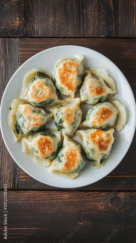 Fresh vegetable-filled dumplings served on a white plate atop a dark wooden table