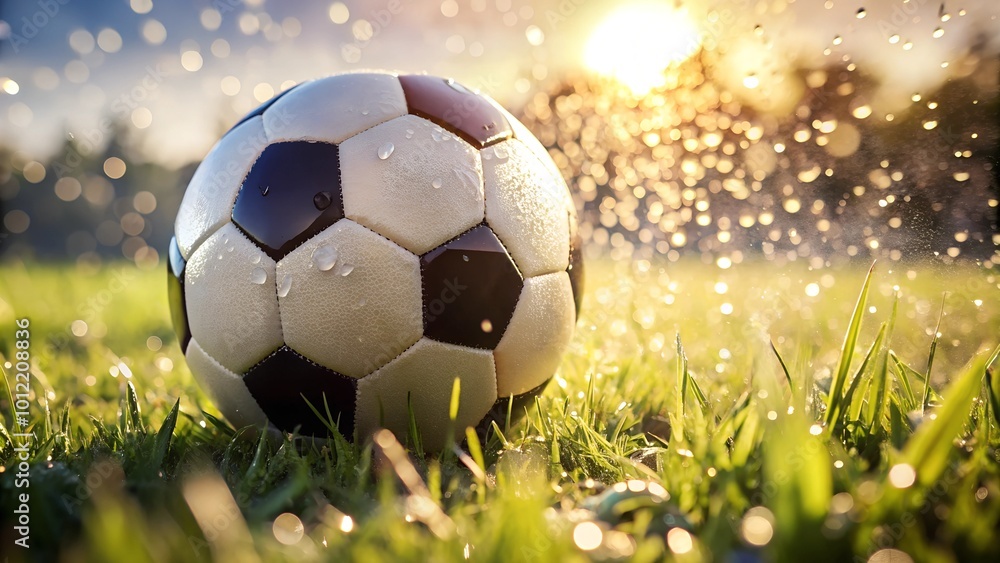 Naklejka premium Soccer ball in wet grass with sunlight and water splashes