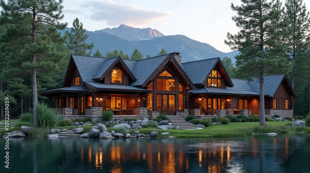 Naklejka premium Luxurious wooden house reflecting on tranquil lake with mountain view at sunset
