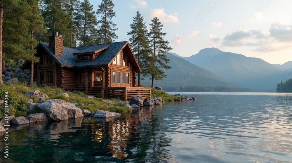 Obraz premium Luxurious wooden house reflecting on tranquil lake with mountain view at sunset