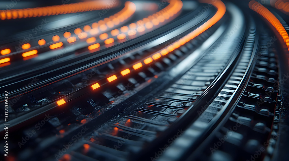 Abstract 3D Illustration of Futuristic Train Tracks with Orange Lights Abstract 3D Illustration of Futuristic Train Tracks with Orange Lights