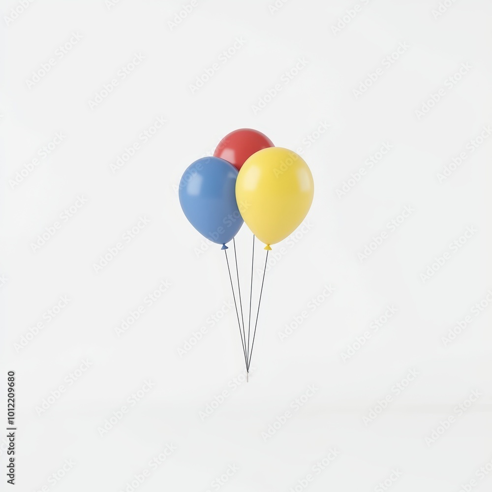 A trio of colorful balloons - red, blue, and yellow - floating elegantly with strings attached against a minimalist white background. A trio of colorful balloons - red, blue, and yellow - floating elegantly with strings attached against a minimalist white background.