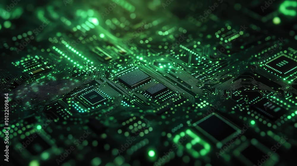 Closeup of Green Printed Circuit Boards with Detailed Electronic Components on a Green Background, Highlighting Modern Technology and Engineering Precision Closeup of Green Printed Circuit Boards with Detailed Electronic Components on a Green Background, Highlighting Modern Technology and Engineering Precision